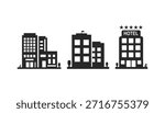 This illustration shows three distinct building silhouettes. It includes a multi level complex, a modern office block, and a luxury hotel with star ratings.
