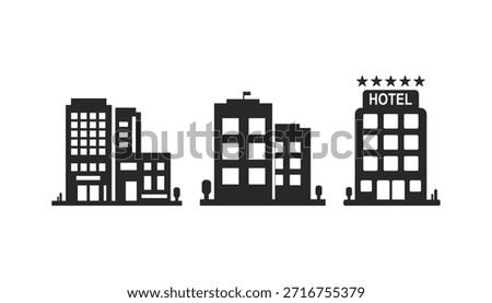 This illustration shows three distinct building silhouettes. It includes a multi level complex, a modern office block, and a luxury hotel with star ratings.