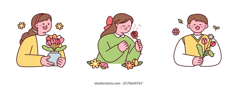 This illustration shows three happy characters enjoying spring flowers. A girl holds a vase of tulips, another admires a red rose, and a boy smiles with a bouquet. 