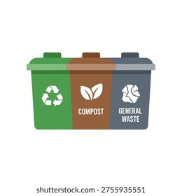 This illustration shows three waste management bins for recycling, compost, and general waste, promoting eco-friendly practices in waste disposal and segregation.
