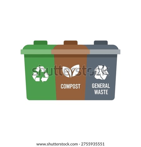 This illustration shows three waste management bins for recycling, compost, and general waste, promoting eco-friendly practices in waste disposal and segregation.