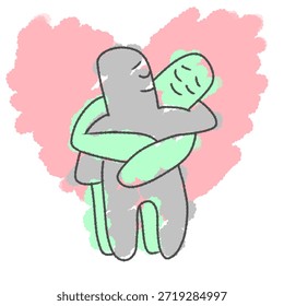This illustration shows two abstract figures embracing each other in a warm hug with soft, pastel colors in the background. The scene conveys feelings of love, emotional support, comfort, connection, and togetherness between the two characters.