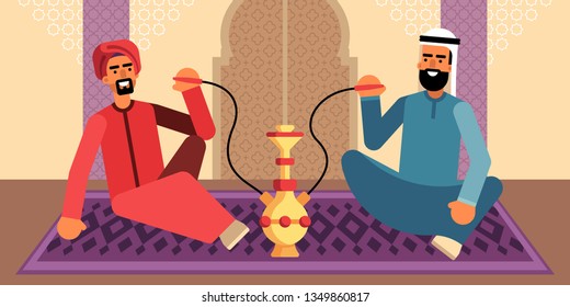 This illustration shows two Arab men in traditional Middle Eastern clothes, they are sitting on the carpet and smoking hookah