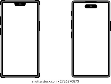 Esta ilustración muestra dos iconos de teléfonos móviles negros con pantallas blancas colocadas una al lado de la otra sobre un fondo blanco liso, destacando sus diseños elegantes y modernos