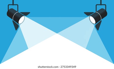 This illustration shows two stage spotlights shining expansive white light downwards onto a wide empty space against a vibrant blue wall.