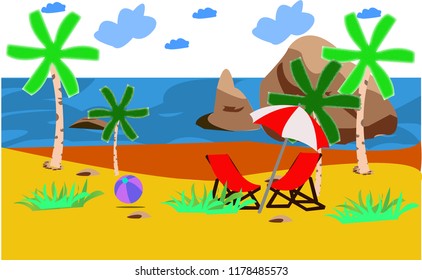 This illustration shows a typical day at the beach with clouds covering the sky and water hitting the deck making it peaceful with beach chairs to enjoy this beautiful and peaceful environment.