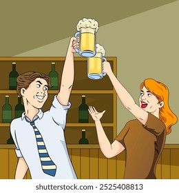 This illustration shows a warm celebratory moment between a man and a woman toasting over beer. The two stand in front of each other with big smiles, holding large beer glasses.