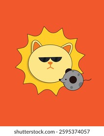 This illustration shows a yellow sun with ears that resembles a cat and a grey mouse that is located next to it. The illustration is interesting because it combines the images of animals with celestia