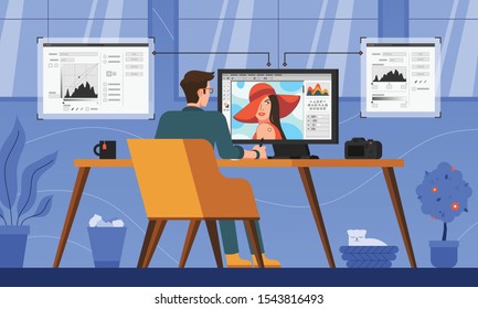 This illustration shows a young guy working on a computer, he is retouching a photo using the tools of a graphics editor