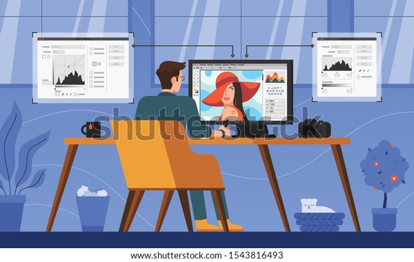 This illustration shows a young guy working on a\
computer, he is retouching a photo using the tools of a graphics\
editor