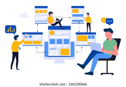 This illustration shows a young man working on a laptop in an open work source