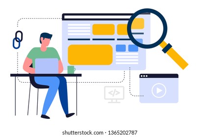 This illustration shows a young man working on a laptop, he is searching for the necessary information using a user-friendly interface