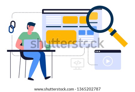 This illustration shows a young man working on a laptop, he is searching for the necessary information using a user-friendly interface