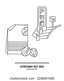 Esta ilustración es un cartel en una zona de descanso de autopistas en Corea y pan de nuez que se puede comer ahí.