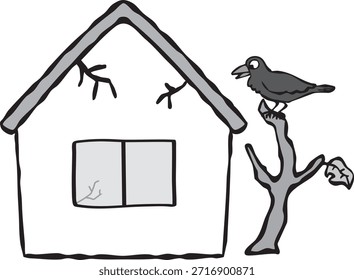 Esta es una ilustración de una casa simple con un árbol de caqui creciendo en ella.