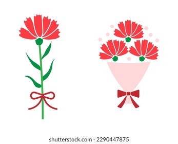 This is an illustration of simple red carnations. A single flower and a bouquet of flowers.