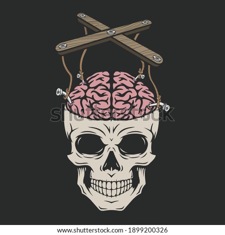 This is an illustration of a skull with a brain that looks like it is controlled like a puppet.

This is an illustration revealing that we are humans not a puppet.