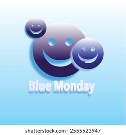 In this Illustration Smiling blue faces with "Blue Monday" text, shadowed against a gradient blue background.