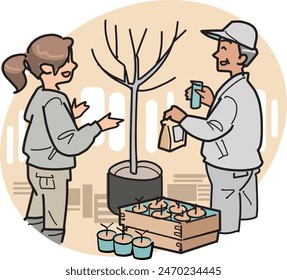 This is an illustration of someone teaching a newbie about agriculture.