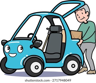 Esta es una ilustración de alguien descargando equipaje de un automóvil monoplaza para personas mayores.