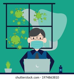 This is an illustration of someone working at home due to the Covid 19 pandemic, this illustration is for commercial purposes or web design or other purposes. a simple flat illustration.