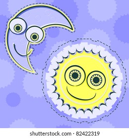 This illustration of the Sun and moon cartoon style