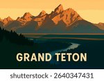 In this illustration, sunrise casts a soft golden light over the Teton Range in Grand Teton National Park, with the Snake River winding through the foreground.