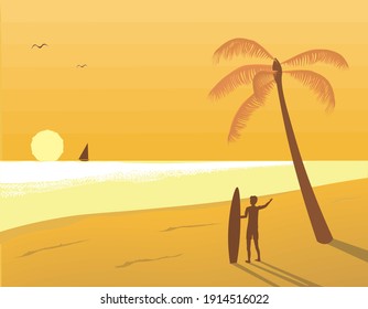 This is an illustration of the sunset and surfers. 