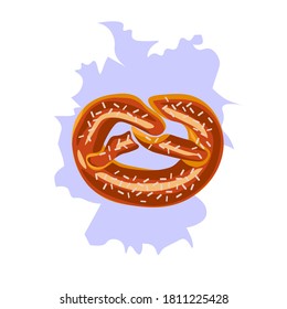 This is illustration with symbol and food Brezel on the map Germany. Vector illustration. Flat design.