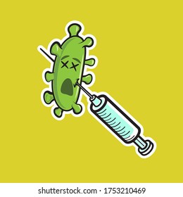 this is illustration of a syringe that stabs and kills a virus. this illustration good for sticker or complement for health theme design