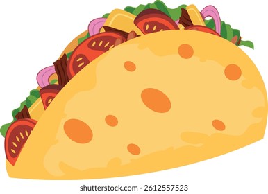 This is an illustration of a taco, a traditional Mexican dish featuring a folded tortilla filled with seasoned meat, vegetables, cheese, and vibrant toppings.