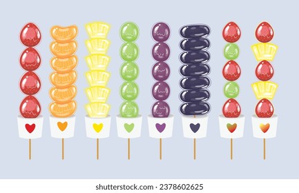 This is an illustration of Tanghulu, a dessert coated with sugar on fruit. Strawberry, Tangerine, Pineapple, Shine Muscat, Blue Sapphire Grape Tanghulu