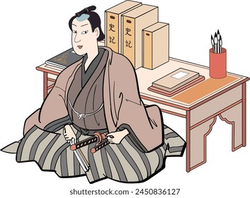 This is an illustration of a teacher at "Terakoya", a Japanese school during the Edo period.