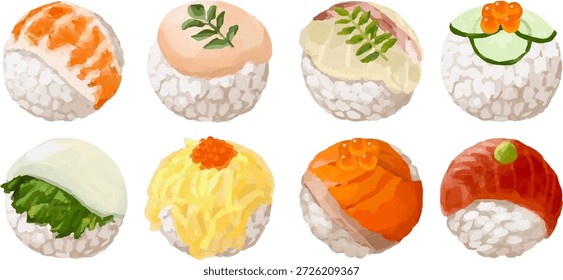 Esta es una ilustración de temari sushi. El sushi Temari es un bonito sushi japonés redondo que se come en el Hinamatsuri (Día de la Niña) y otras celebraciones. Una ilustración de la cultura japonesa.