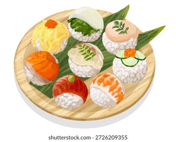 Esta es una ilustración de temari sushi servido en un plato. El sushi Temari es un plato de sushi japonés redondo que se come en Hinamatsuri (Día de la Niña) y otras celebraciones. Una ilustración de la cultura japonesa.