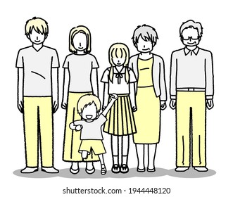 This is an illustration of three generations of a family standing.
