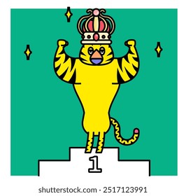 This is an illustration of a tiger who becomes a champion in some competition and climbs onto the podium.