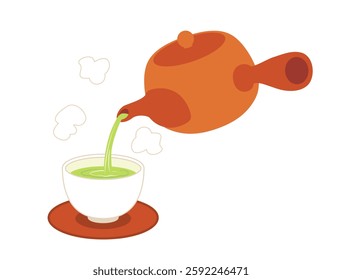 This is an illustration of a Tokoname ware teapot and green tea. It is a Japanese teapot and teacup.