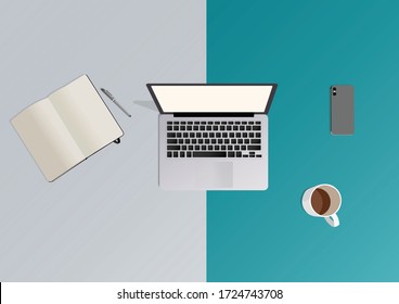 This Is An Illustration Of The Top  Minimalist Work Station With Dual Tone Blue Surface On Which The Following Objects Are There: A Laptop, Cup Of Coffee, Smartphone, Notebook And A Pen.