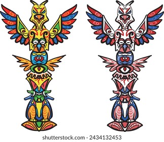 This is an illustration of a totem pole with a psychedelic design.