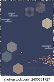 This illustration is a traditional Japanese pattern. It can be used as a background material.Checkered、Linen Leaves, Blue Sea Waves, Plum Plum, Waves, Pattern, Clouds