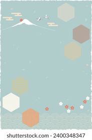 This illustration is a traditional Japanese pattern. It can be used as a background material.Blue sea wave,  Crane, Plum, Fujiyama, Wave Pattern, Sunrise, Cloud