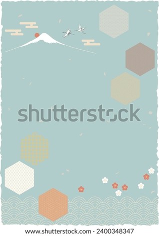 This illustration is a traditional Japanese pattern. It can be used as a background material.Blue sea wave,  Crane, Plum, Fujiyama, Wave Pattern, Sunrise, Cloud