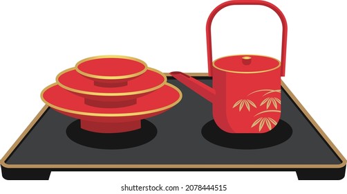 This is an illustration of a traditional set of tableware used for the Japanese New Year.It's called "Otoso."