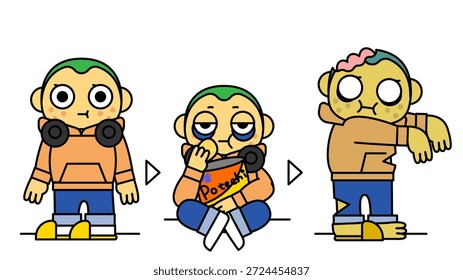 Esta es una ilustración de la transformación de un joven que gradualmente se convierte en un zombi debido a los refrigerios y la adicción.