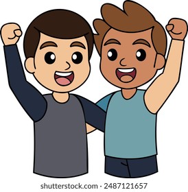 This is a an illustration of two boy  friends cheering with raised fists or hands in the air with high quality eps format