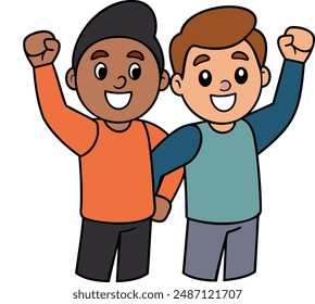 This is a an illustration of two boy  friends cheering with raised fists or hands in the air with high quality eps format 