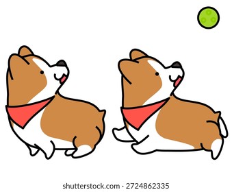 Dies ist eine Illustration von zwei Corgis, die auf einen Ball schauen.