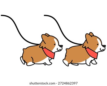 Esta é uma ilustração de dois Corgis andando lado a lado vestindo bandanas vermelhas.