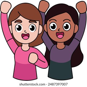 This is a  illustration of two girl  friends cheering with raised fists or hands in the air with high quality eps format 